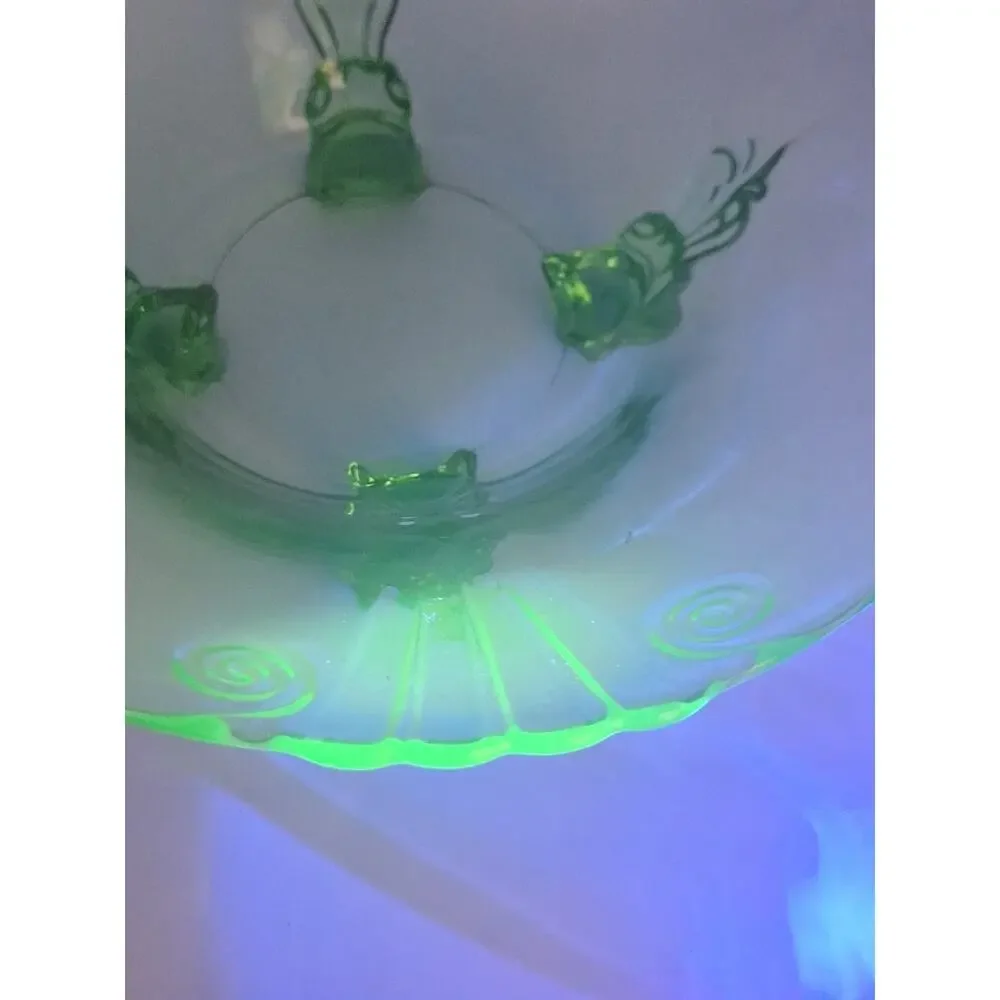 Vintage Fostoria #2470 Green Uranium Glass Four-Toed Console Bowl 11” 1930s